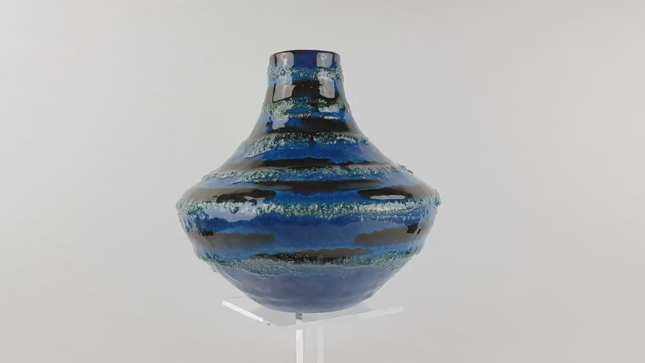 Vintage CARSTENS TONNIESHOF Blue Handled Vase With Fat Lava Decor 200 By Gerda Heuckeroth West German Pottery 1960s