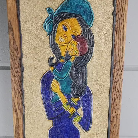 Vintage REM’S Madonna and Child Leather & Oil Wall Art Tableau France 1970s