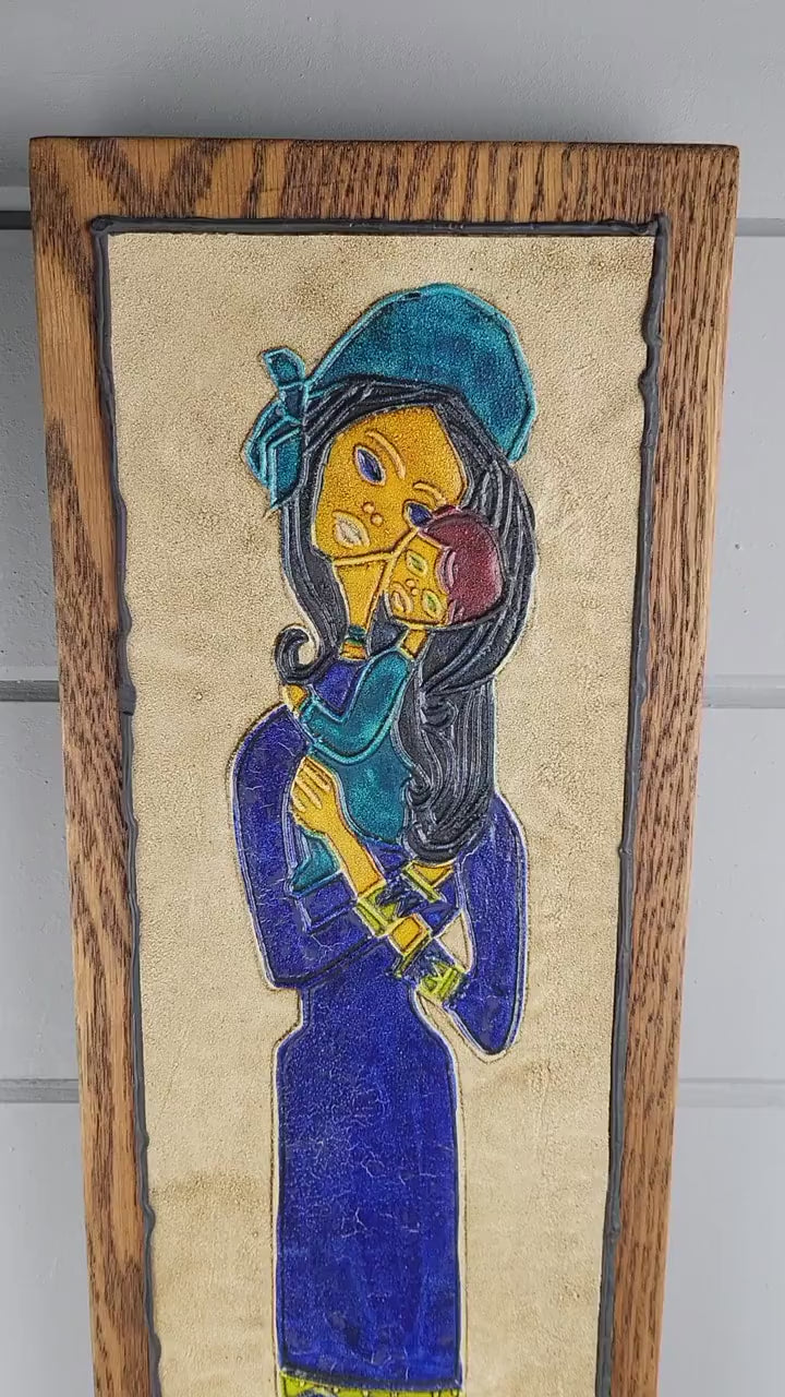 Vintage REM’S Madonna and Child Leather & Oil Wall Art Tableau France 1970s