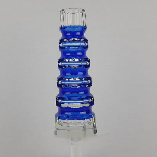 Vintage Blue VEB GLASWERKE SCHMIEDEFELD by Oldrich Lipsky Octagonal Facetted Crystal Glass Exbor Vase 1970s