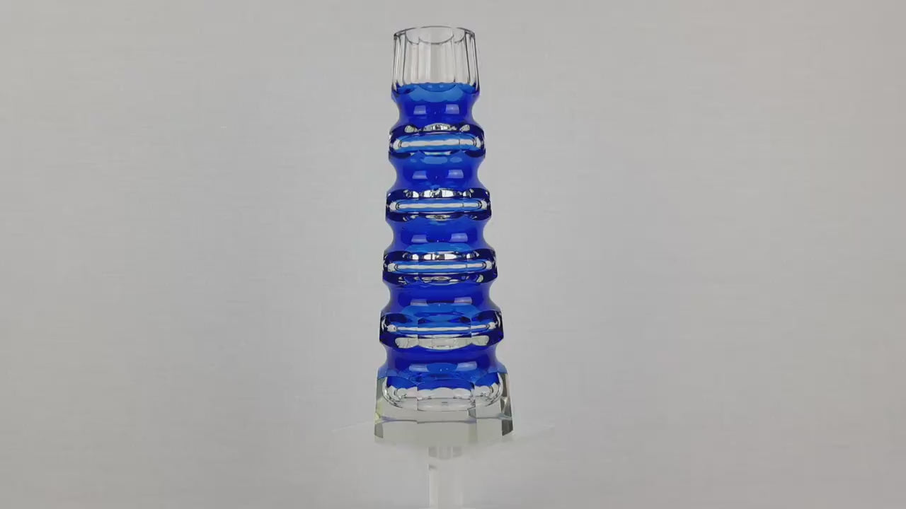 Vintage Blue VEB GLASWERKE SCHMIEDEFELD by Oldrich Lipsky Octagonal Facetted Crystal Glass Exbor Vase 1970s
