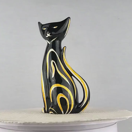 Vintage SCHMIDER KERAMIK Black and Yellow Tigris Cat Vase 4130 By Anneliese Beckh West German Pottery 1950s
