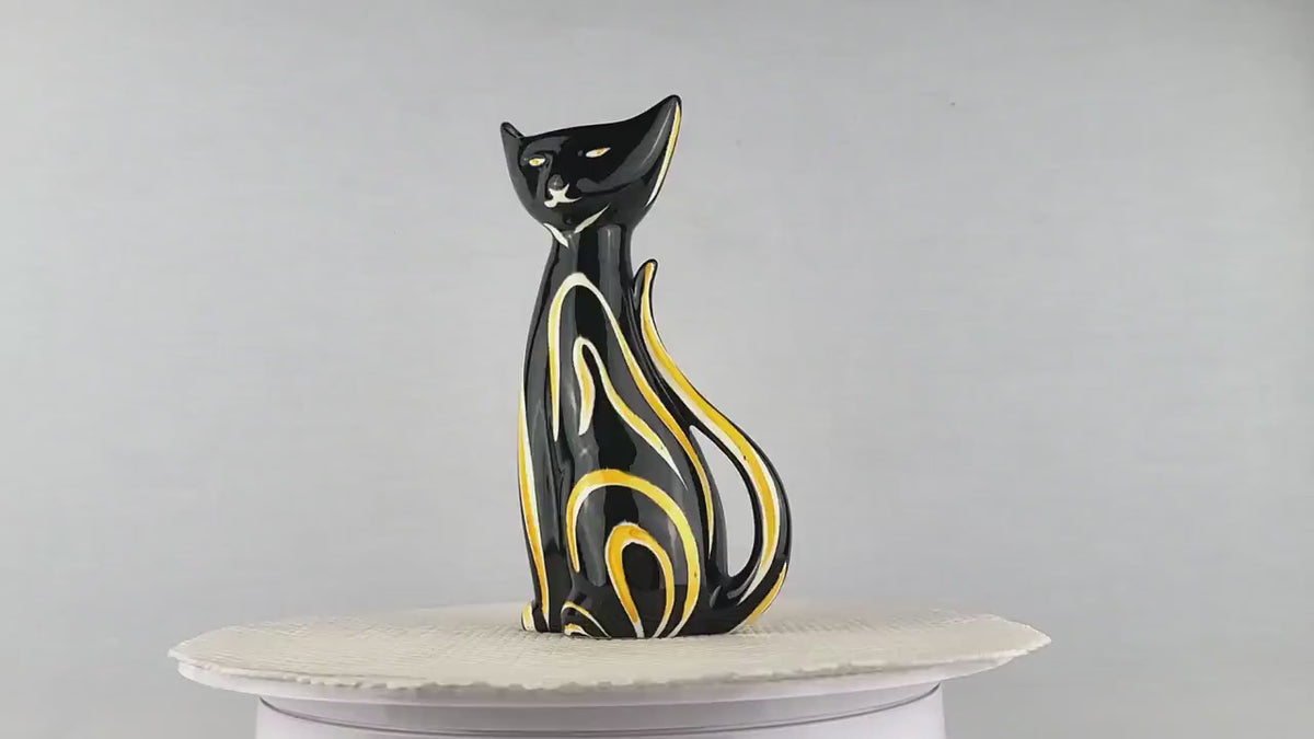 Vintage SCHMIDER KERAMIK Black and Yellow Tigris Cat Vase 4130 By Anneliese Beckh West German Pottery 1950s