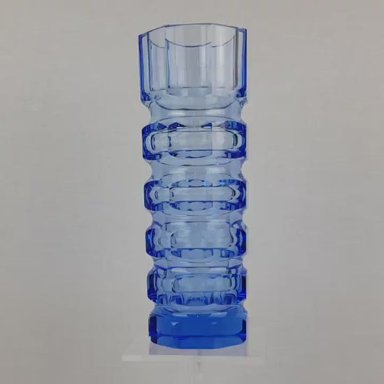 Vintage Blue VEB GLASWERKE SCHMIEDEFELD by Oldrich Lipsky Octagonal Facetted Crystal Glass Exbor Vase 1960s 1970s