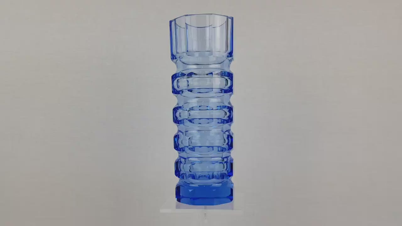 Vintage Blue VEB GLASWERKE SCHMIEDEFELD by Oldrich Lipsky Octagonal Facetted Crystal Glass Exbor Vase 1960s 1970s