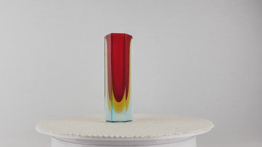 Vintage MURANO SOMMERSO GLASS Red and Yellow Prism Vase attributed to Flavio Poli for Alessandro Mandruzzatto Italian Art Glass 1960-70s