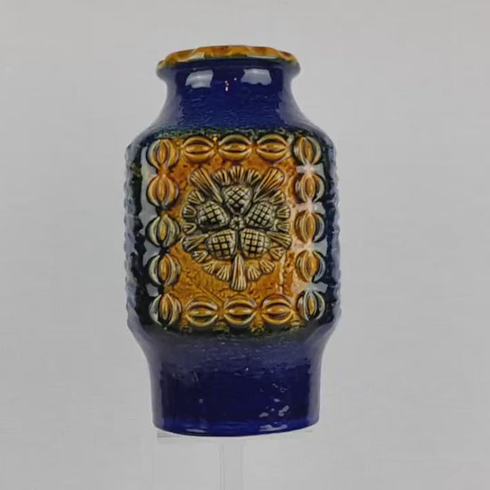 Vintage DÜMLER & BREIDEN Keramik Blue and Ochre Fat Lava Vase Studio Serie 73/25, West German Pottery 1970s