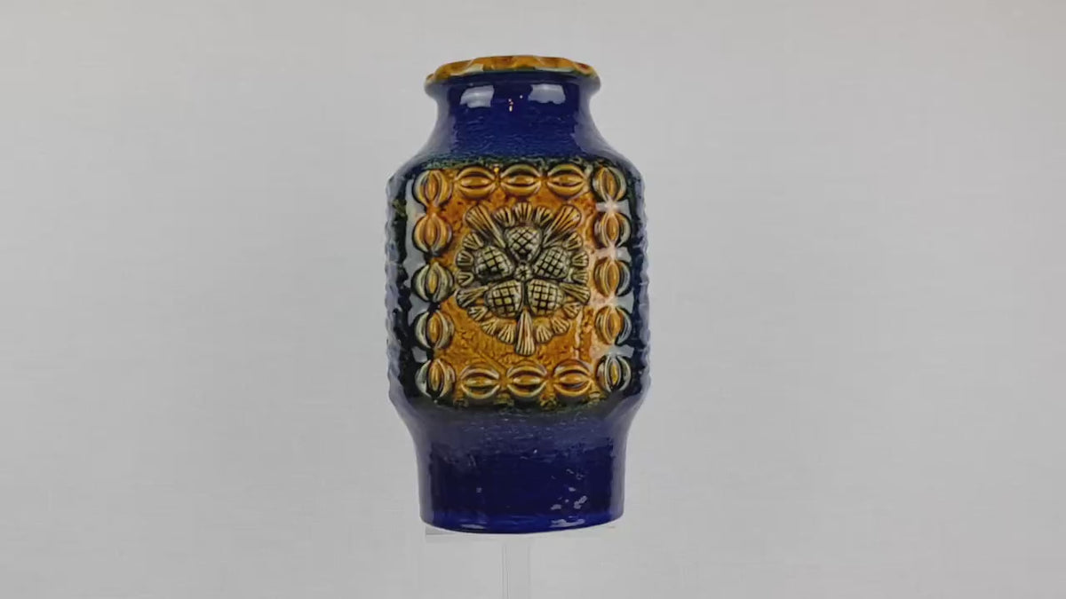 Vintage DÜMLER & BREIDEN Keramik Blue and Ochre Fat Lava Vase Studio Serie 73/25, West German Pottery 1970s