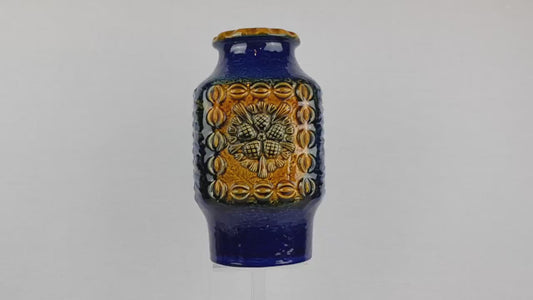 Vintage DÜMLER & BREIDEN Keramik Blue and Ochre Fat Lava Vase Studio Serie 73/25, West German Pottery 1970s