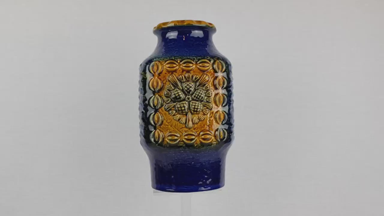 Vintage DÜMLER & BREIDEN Keramik Blue and Ochre Fat Lava Vase Studio Serie 73/25, West German Pottery 1970s