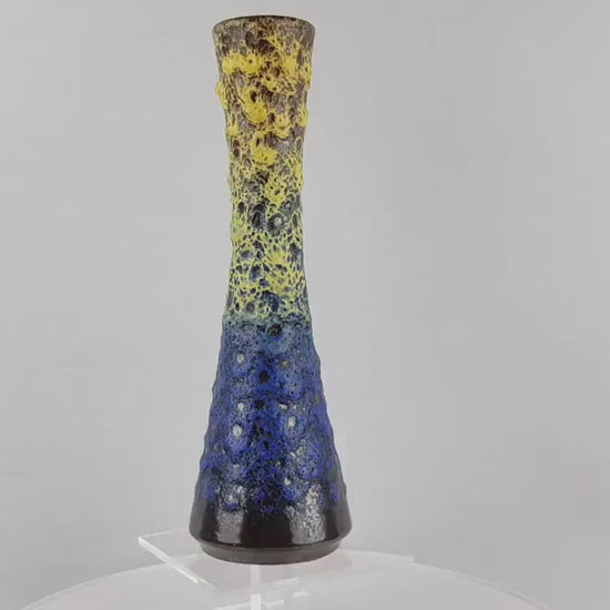 Vintage STEULER KERAMIK Blue and Yellow Fat Lava Vase 4125 3 West German Pottery 1950s