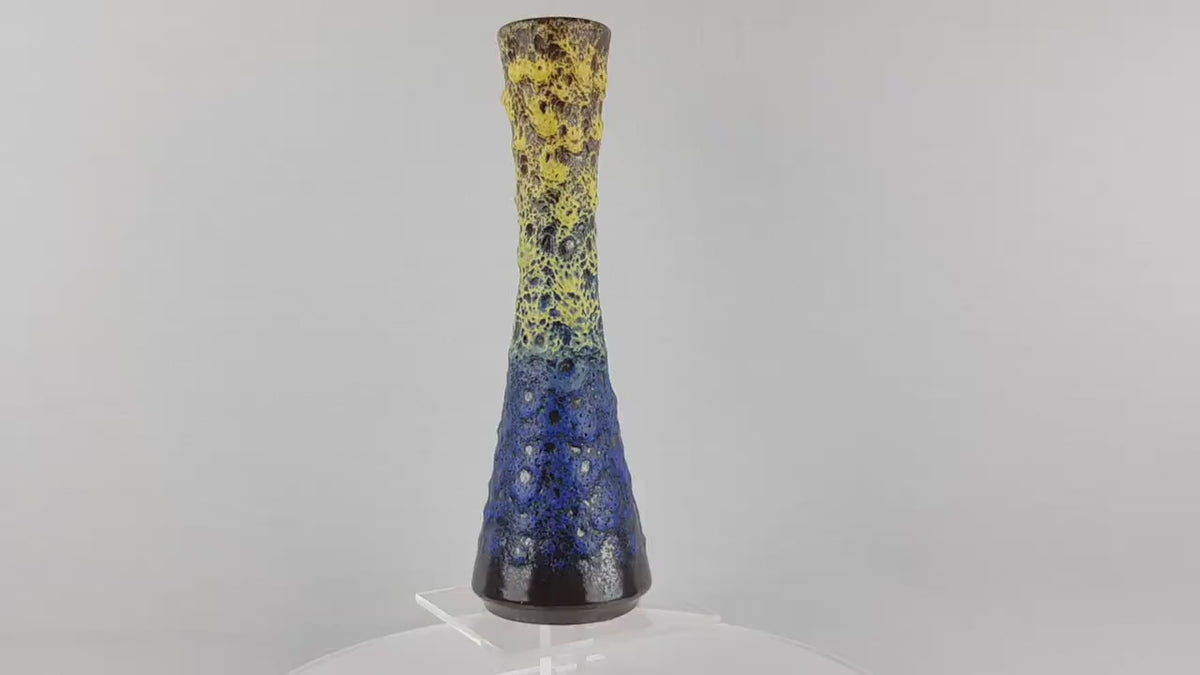 Vintage STEULER KERAMIK Blue and Yellow Fat Lava Vase 4125 3 West German Pottery 1950s